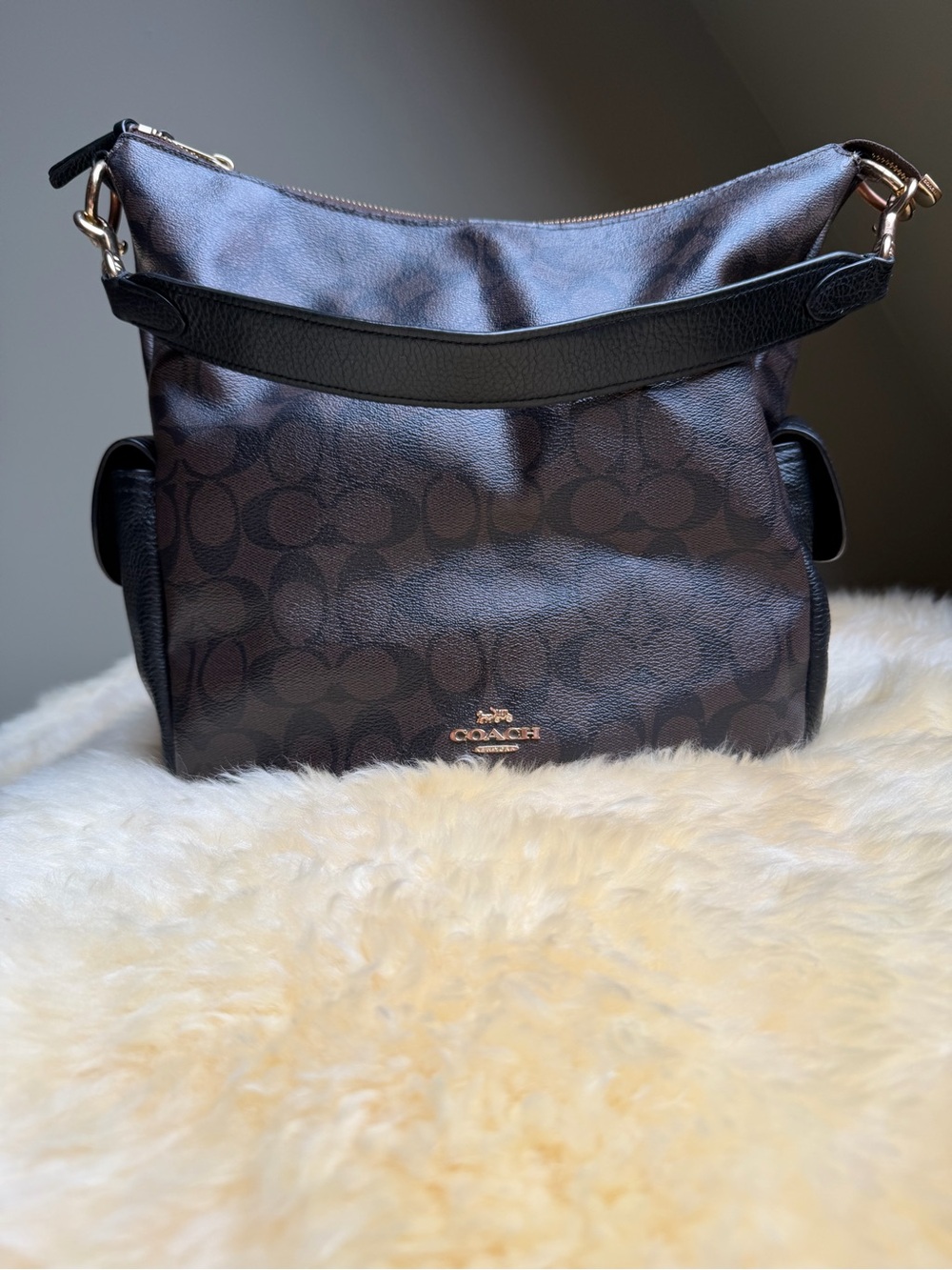 Coach Pennie Brown Signature Leather Hobo Shoulder Bag Gold Hardware Black Trim